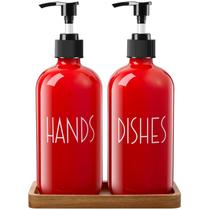 Conjunto dispensador de sabonete ALELION de vidro de 480 ml com bandeja de madeira de acácia