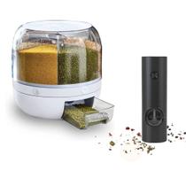 Conjunto dispenser porta condimentos giratório e moedor elétrico de sal temperos automático organizador casa cozinha