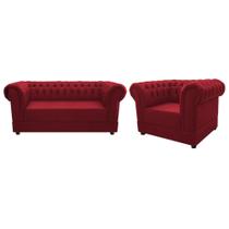 Conjunto Divã Sofá 2 Lugares e Poltrona Cadeira Decorativa Chesterfield Suede Vermelho Recepção Sala de Estar - AM Decor