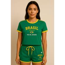 Conjunto Do Brasil Bordada Camisa + Short Feminino Conjunto Do Brasil Bordada Camisa + Short Feminino