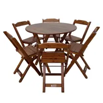 Conjunto Dobrável Mesa de Madeira 90cm Redonda com 6 Cadeiras Imbuia - Tarimatã Conjunto Dobrável Mesa de Madeira 90cm Redonda com 6 Cadeiras Imbuia - Tarimatã
