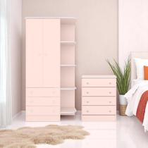 Conjunto Doce Sonho Rosa Acetinado: Cômoda Doce Sonho 4 gavetas + Guarda-Roupa Infantil Doce Sonho 2 portas