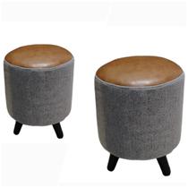 Conjunto dois puffs decorativos, 40x30 tecido Linho Cinza com Acabamento em couro Conjunto dois puffs decorativos, 40x30 tecido Linho Cinza com Acabamento em couro