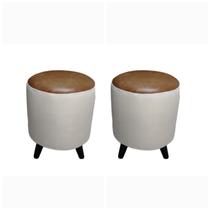 Conjunto dois puffs decorativos, 40x30 tecido linho com couro e pés palito Conjunto dois puffs decorativos, 40x30 tecido linho com couro e pés palito