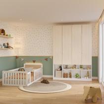 Conjunto Dormitório Cama de Solteiro Giulia Rattan e Guarda Roupa 4 Portas Curió Casatema Branco/Natural Conjunto Dormitório Cama de Solteiro Giulia Rattan e Guarda Roupa 4 Portas Curió Casatema Branco/Natural