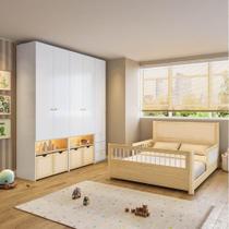 Conjunto Dormitório com Cama Montessoriana Casal e Guarda-Roupa Modulado com LED Wave Casatema Branco/Natural