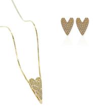 Conjunto Dourado Coração Alongado Cravejado Conjunto Dourado Coração Alongado Cravejado