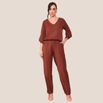 Conjunto Duna Linho Blusa Elástico Barra / Calça com Friso Cor:TelhaTamanho:G