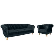 Conjunto Duque Sofa Chesterfield 1.80 + 1 Poltrona Suede Azul Petroléo Sala Recepcao Barbearia