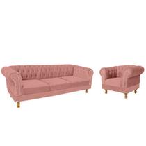 Conjunto Duque Sofa Chesterfield 1.80 + 1 Poltrona Suede Rosa Sala Recepcao Barbearia