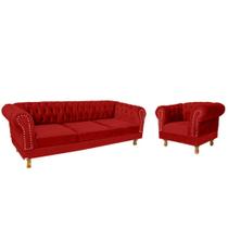 Conjunto Duque Sofa Chesterfield 2.30 + 1 Poltrona Suede Vermelho Sala Recepcao Barbearia