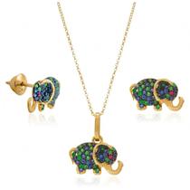 Conjunto Elefante Zircônias + Corrente Portuguesa Em Ouro 18k