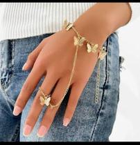 Conjunto Elegante Feminino: Pulseira e Anel Borboletas Banhado a Ouro 18K Conjunto Elegante Feminino: Pulseira e Anel Borboletas Banhado a Ouro 18K