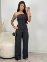 Conjunto Elegante Feminino sem alça Listra Calça Pantalona em Alfaiataria Risca de Giz Social