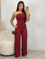 Conjunto Elegante Feminino sem alça Listra Calça Pantalona em Alfaiataria Risca de Giz Social Conjunto Elegante Feminino sem alça Listra Calça Pantalona em Alfaiataria Risca de Giz Social
