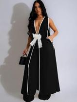 Conjunto Elegante Vintage Feminino Com Top Sem Mangas Em V E Calças De Perna Larga Conjunto Elegante Vintage Feminino Com Top Sem Mangas Em V E Calças De Perna Larga