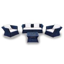 Conjunto em Corda Náutica Quadrado - 1 Sofá 2L + 2 Poltronas + Mesa Centro - Tecido Duna Cru