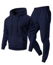 Conjunto em moletom flanelado cor azul marinho blusa com capuz e bolso canguru e calça com dois bolsos e cordão de ajuste barra com punhos