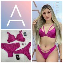 Conjunto em poliamida e renda com duas calcinhas Essencial Moda Íntima Tamanho P