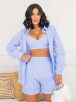 Conjunto em Tricoline Listrado com 3 Peças, Camisa, Top e Bermudinha.