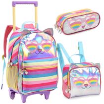 Conjunto Escolar Infantil 3 Peças Mochila de Rodas Lancheira Térmica Estojo Estampa Colorida Feminina Material Resistente Reforçada P/ Meninas Kit