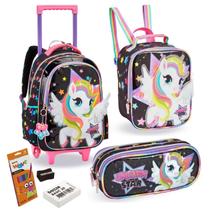 Conjunto Escolar Infantil Completo P/ Meninas Mochila de Rodas Lancheira Térmica Estojo Material Estampa Colorida Resistente Reforçado Feminino
