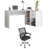 Conjunto Escritório 1 Mesa em L 2 Gavetas 3 Nichos Office 1 Cadeira de Escritório Diretor Tok Branco/Preto