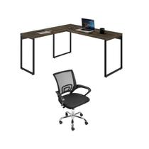 Conjunto Escritório 1 Mesa em L Industrial 150cm Kuadra 1 Cadeira de Escritório Diretor Tok Carvalho Dark