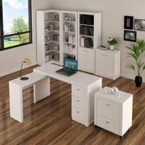 Conjunto Escritório 6 Peças com Mesa para em L, Balcão, Gaveteiro, Armário Multiuso Alto e 2 Estante Branco
