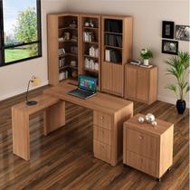 Conjunto Escritório 6 Peças com Mesa para em L, Balcão, Gaveteiro, Armário Multiuso Alto e 2 Estantes Amêndoa Conjunto Escritório 6 Peças com Mesa para em L, Balcão, Gaveteiro, Armário Multiuso Alto e 2 Estantes Amêndoa