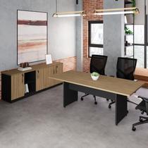 Conjunto Escritório com Mesa de Reunião 6 Lugares e 2 Armários Baixos com Chave Espresso Móveis Macadâmia Preto Marrom