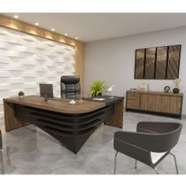 Conjunto Escritório com Mesa Diretor Ld Balcão 2 Portas 3 Gavetas Tamburato Artany Charuto Preto