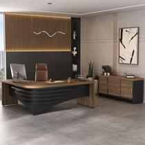 Conjunto Escritório Completo 2 Peças Mesa Diretor em L Tamburato Balcão com Gavetas Multiuso Nogal Preto Conjunto Escritório Completo 2 Peças Mesa Diretor em L Tamburato Balcão com Gavetas Multiuso Nogal Preto