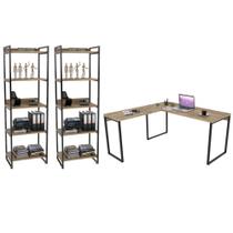 Conjunto Escritório Estilo Industrial Mesa 150x150cm e 2 Estantes 60cm 5 Prateleiras Prisma Carvalho - Mpozenato Conjunto Escritório Estilo Industrial Mesa 150x150cm e 2 Estantes 60cm 5 Prateleiras Prisma Carvalho - Mpozenato