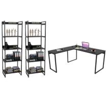 Conjunto Escritório Estilo Industrial Mesa 150x150cm e 2 Estantes 60cm 5 Prateleiras Prisma Preto Onix - Mpozenato Conjunto Escritório Estilo Industrial Mesa 150x150cm e 2 Estantes 60cm 5 Prateleiras Prisma Preto Onix - Mpozenato