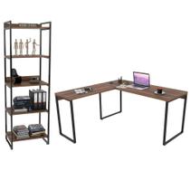 Conjunto Escritório Estilo Industrial Mesa 150x150cm e Estante 60cm 5 Prateleiras Prisma Nogal - Mpo Conjunto Escritório Estilo Industrial Mesa 150x150cm e Estante 60cm 5 Prateleiras Prisma Nogal - Mpo