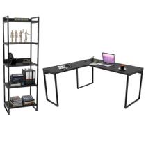 Conjunto Escritório Estilo Industrial Mesa 150x150cm e Estante 60cm 5 Prateleiras Prisma Preto Onix Conjunto Escritório Estilo Industrial Mesa 150x150cm e Estante 60cm 5 Prateleiras Prisma Preto Onix