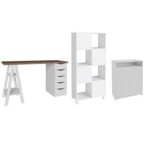 Conjunto Escritório Home Office 3 Peças Maly A06 Nogal/Branco - Mpozenato Conjunto Escritório Home Office 3 Peças Maly A06 Nogal/Branco - Mpozenato