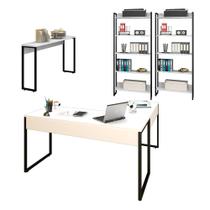 Conjunto Escritório Mesa em L Aparador e 2 Estantes Studio Industrial Branco Mpozenato