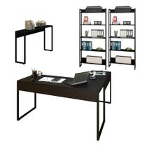 Conjunto Escritório Mesa em L Aparador e 2 Estantes Studio Industrial Preto Mpozenato