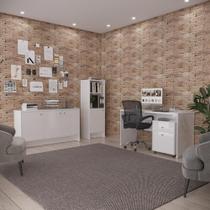 Conjunto Escritório Office 4 Peças Mesa Gaveteiro Armário Bu - Branco Branco