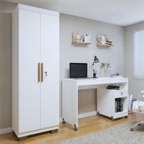 Conjunto Escrivaninha 1 Gaveta com Rodízios Giga e Armário Multiuso 2 Portas com Chave Asteca Branco Conjunto Escrivaninha 1 Gaveta com Rodízios Giga e Armário Multiuso 2 Portas com Chave Asteca Branco