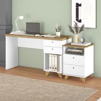 Conjunto Escrivaninha 135cm com Duas Gavetas Artany Sky e Gaveteiro 2 Gavetas Olmo com Branco