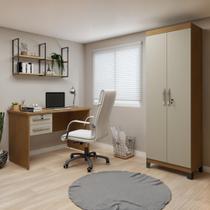 Conjunto Escrivaninha 2 Gavetas Byte e Armário Multiuso 2 Portas com Chave e 5 Prateleiras Asteca Cinamomo Off White