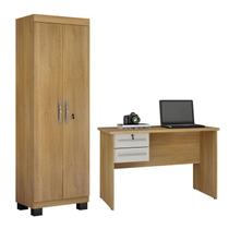 Conjunto Escrivaninha 2 Gavetas Byte e Armário Multiuso 2 Portas com Chave e 5 Prateleiras Asteca Cinamomo Off White