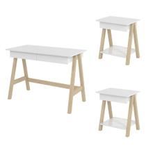 conjunto escrivaninha e 2 mesa lateral para escritório MDF pé cavalete cor Natural Branco - Tebarrot