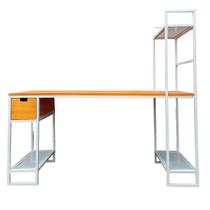 Conjunto Escrivaninha e Estante Estilo Industrial Ferro em Branco e Madeira Maciça Cor Canela