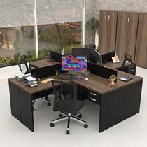 Conjunto Escrivaninha Mesa de Canto em L Ilha 4 Lugares Office Nogal e Preto Marrom Conjunto Escrivaninha Mesa de Canto em L Ilha 4 Lugares Office Nogal e Preto Marrom