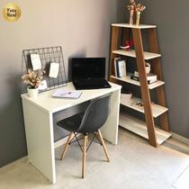 Conjunto Escrivaninha Mesa Escritório Pequena 90,8cm com Estante Escada Multiuso com 5 Prateleiras Branco/Freijó Artany Conjunto Escrivaninha Mesa Escritório Pequena 90,8cm com Estante Escada Multiuso com 5 Prateleiras Branco/Freijó Artany
