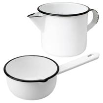 Conjunto Esmaltado Branco Caneca 1L Papeiro 550ml Metallouça Aquecer Preparar Servir